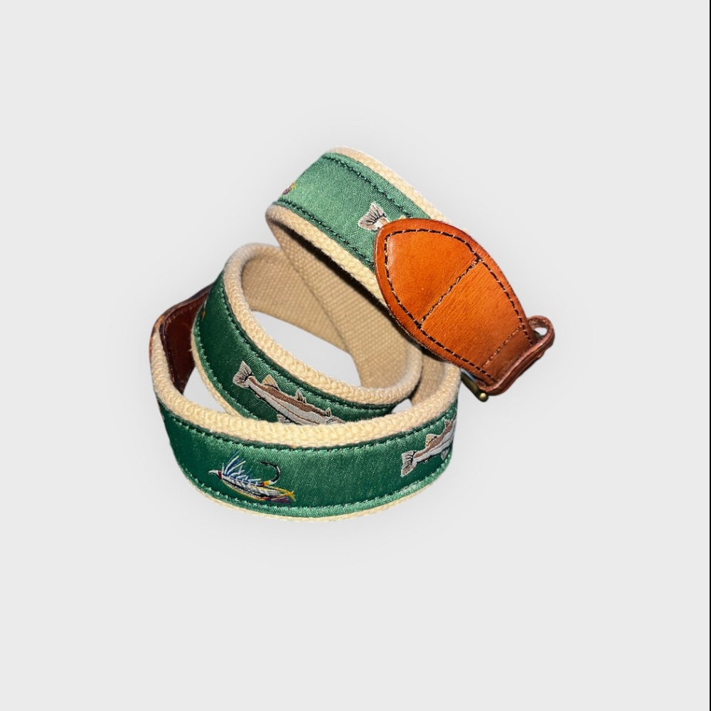 Vintage Ralph Lauren Rugby university belt. Green Fish print w/leather size 32